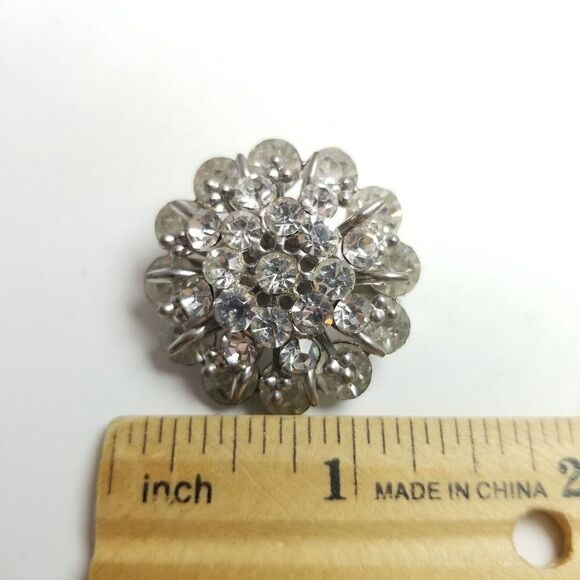 Vintage Silver Tone Rhienstone Cluster Round Flower Brooch, Sparkly Lapel Pin - Picture 3 of 6